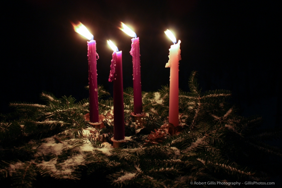 23 Christmas Still Life - Traditional Advent Wreath - Outside In Snowfall - Four Candles Lit