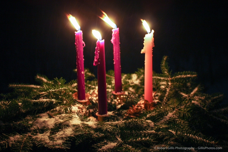 24 Christmas Still Life - Traditional Advent Wreath - Outside In Snowfall - Four Candles Lit