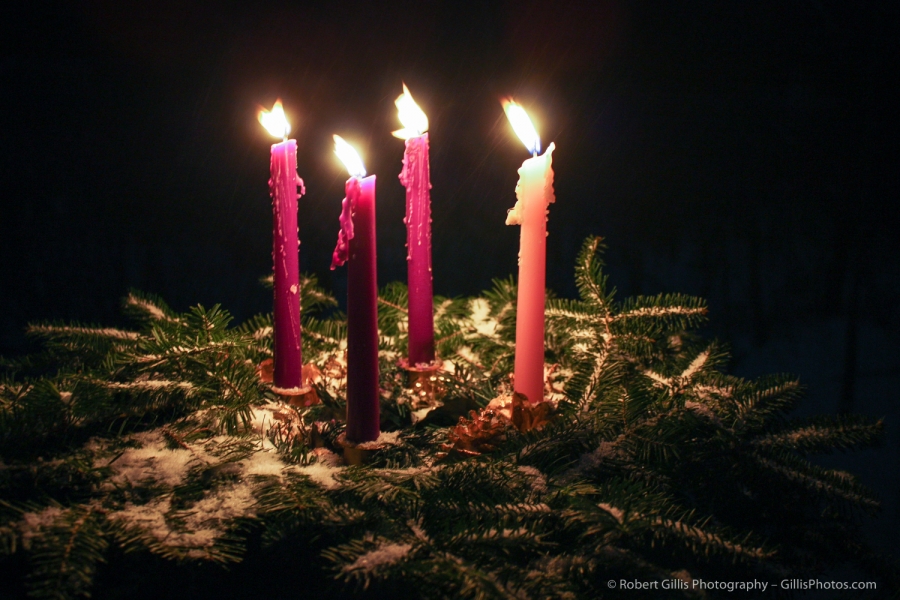 25 Christmas Still Life - Traditional Advent Wreath - Outside In Snowfall - Four Candles Lit
