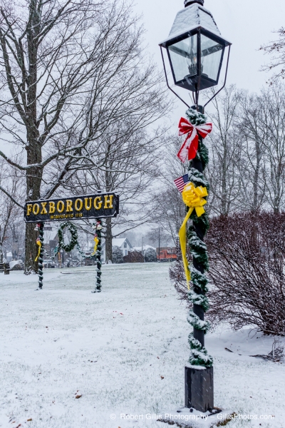 30 Foxboro Christmas - Foxboro Common Sign and Lamp Post - Snowy December Morning