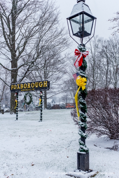 30 Foxboro Christmas - Foxboro Common Sign and Lamp Post - Snowy December Morning